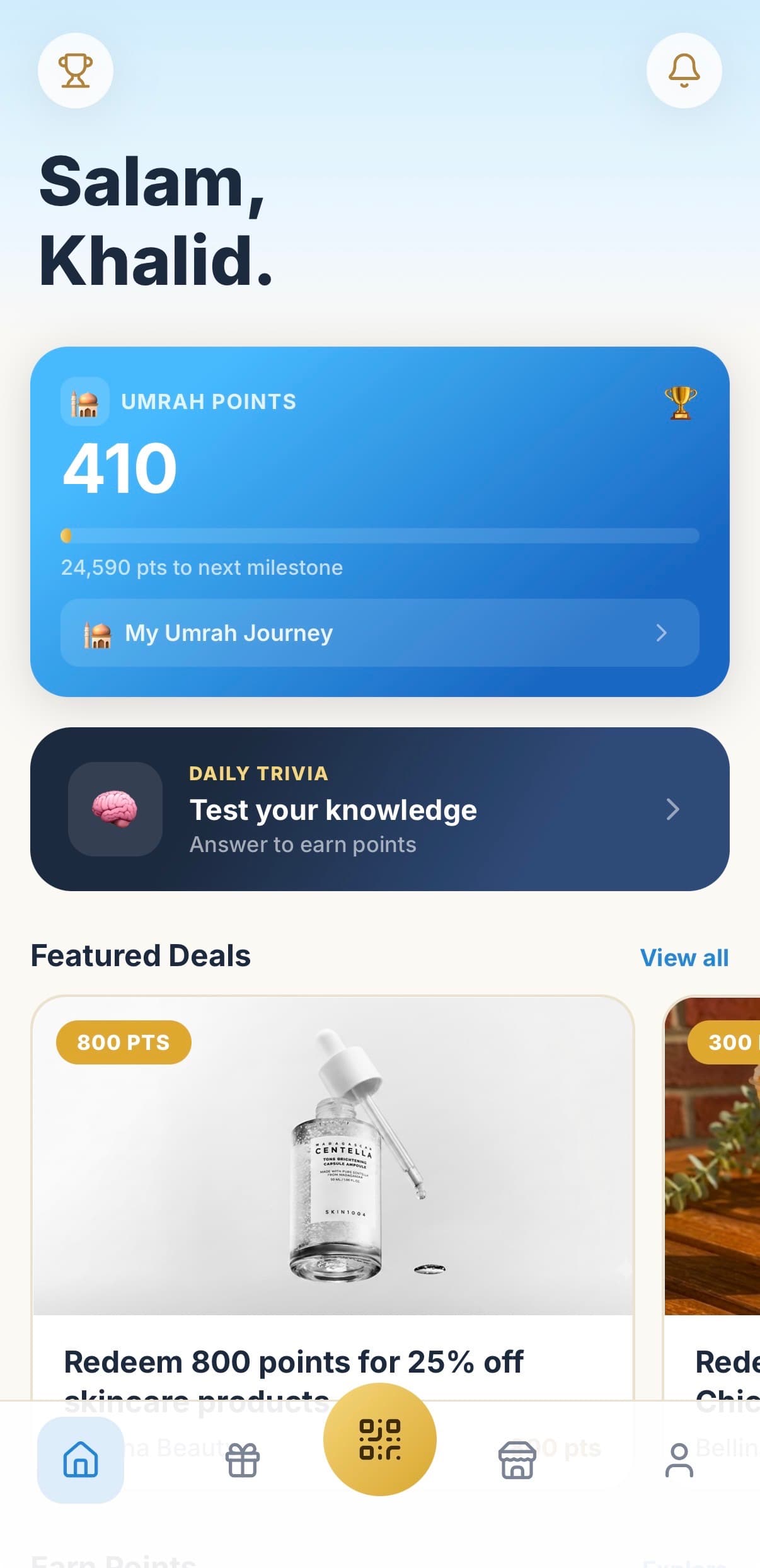Barakah Rewards app screen showing an Umrah journey and points balance