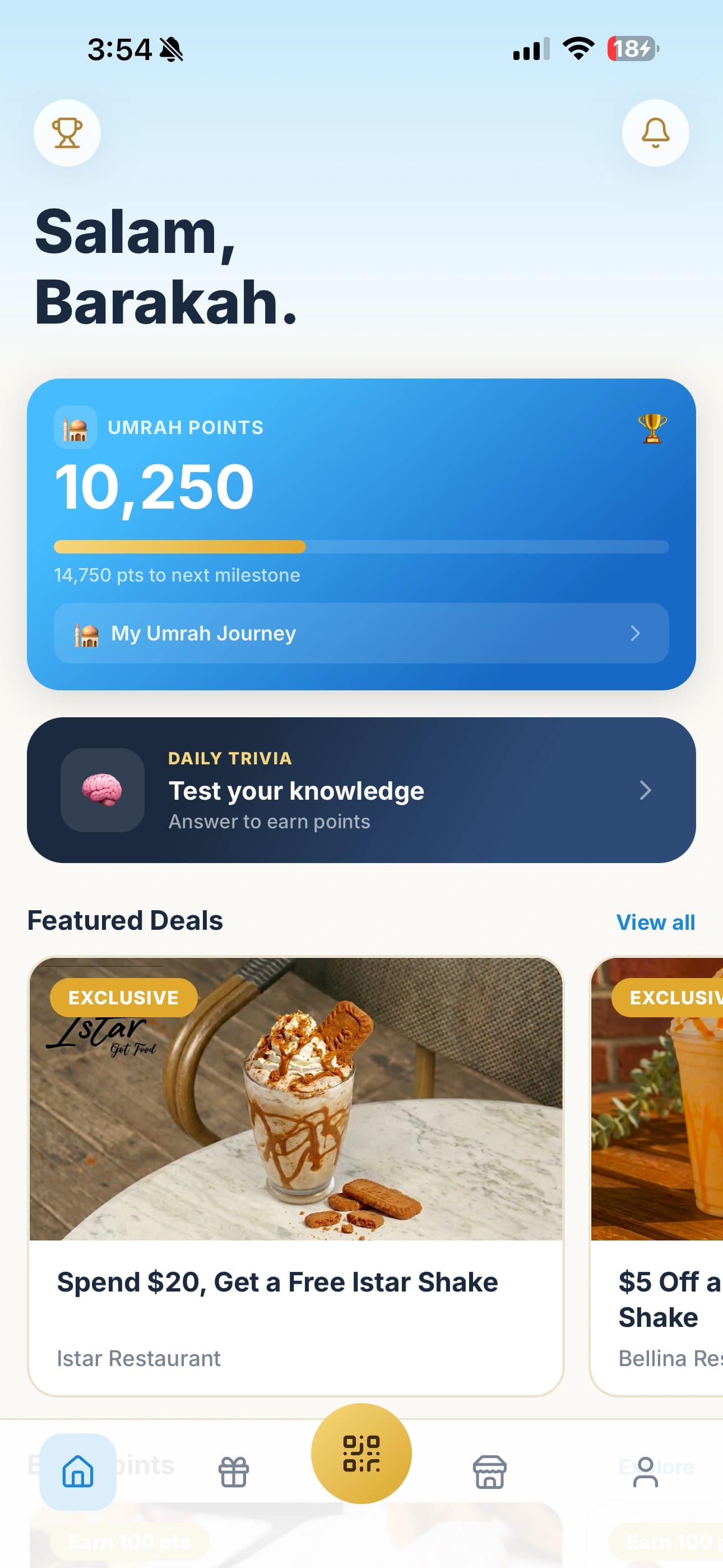 Barakah Rewards app screen showing an Umrah journey and points balance